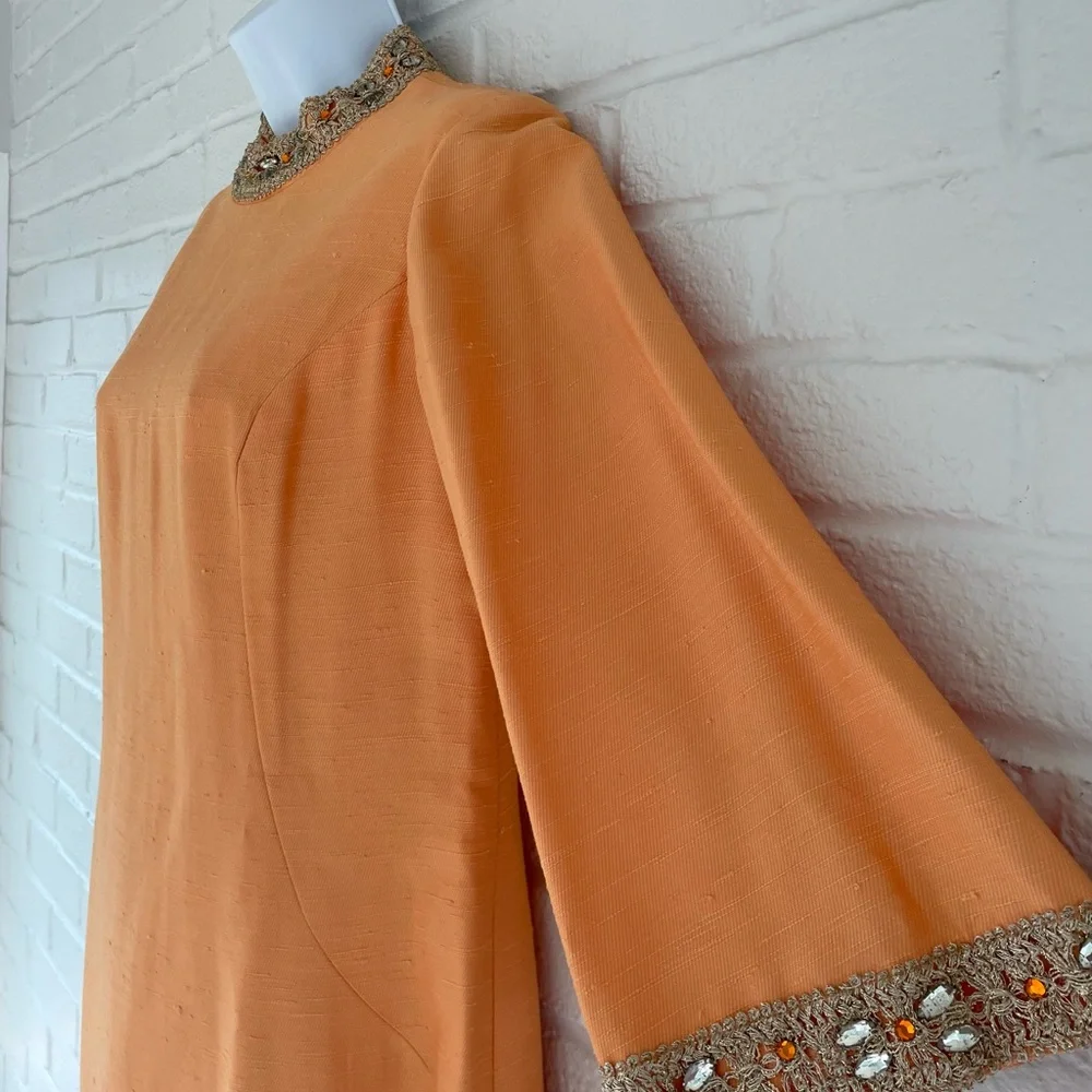 Bespoke Vintage Orange Shantung Silk Dress with Embellished Neckline - Picture 3 of 10